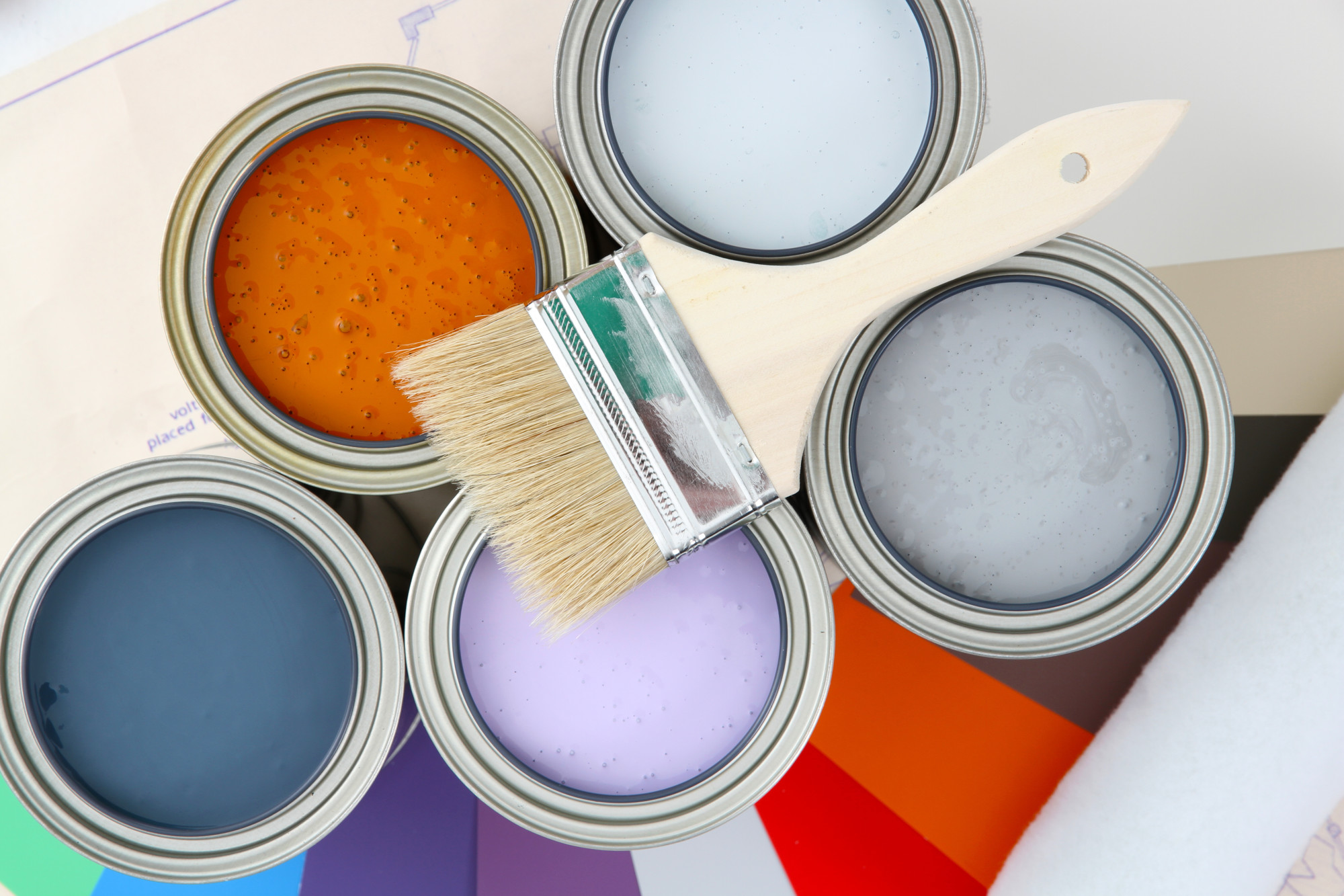 paint buckets with color swatches and brush