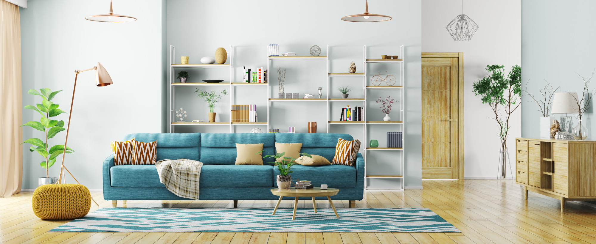 simple livingroom with couch and bookshelves