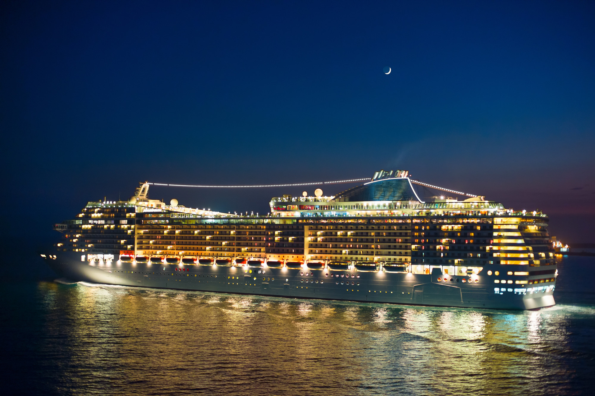 Well-lit Cruise Ship at Night